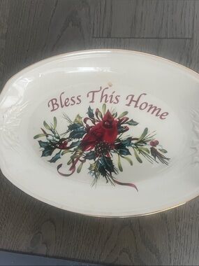 Lenox 'Bless This Home' Holiday Winter Greetings 11” Oval Tray Red, Green, Gold